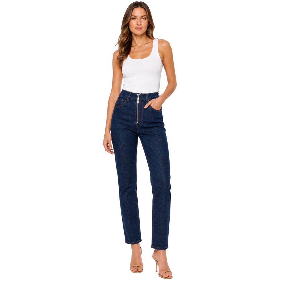 FRAME Le High Straight Exposed Zip Jeans Rinse Blue High Rise Denim Size 26